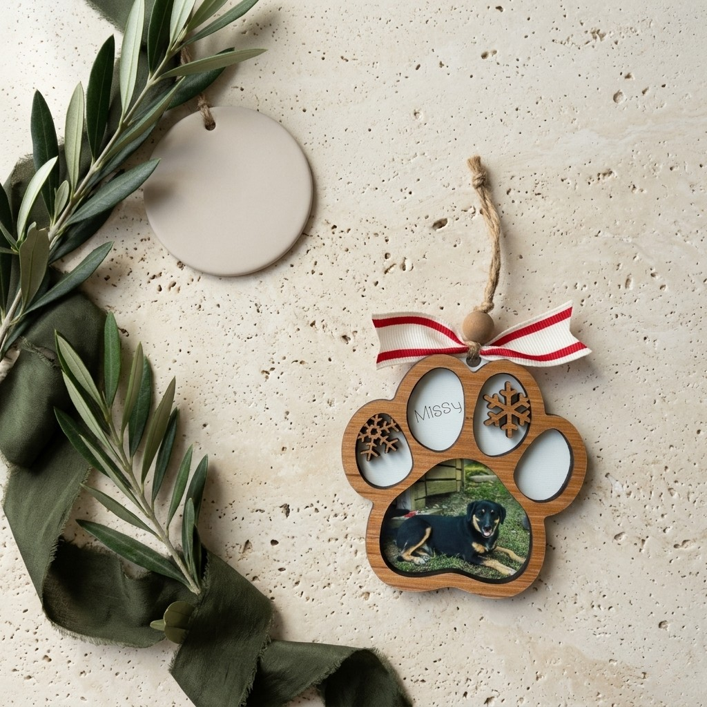 Pet Paw Christmas Photo Ornament Personalized Engraved Wood
