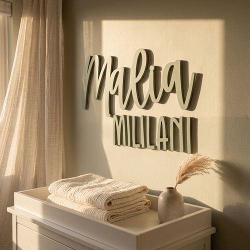 Personalized 3D wooden wall art reading 'Malia MILILANI' in a warm, neutral-toned nursery setting above a changing table with folded cream towels and a small vase.