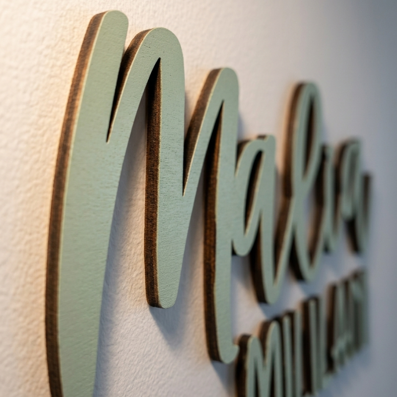 Custom wooden name wall sign featuring the name 'Malia' in a light sage green script with natural wood edges, mounted on a textured off-white wall.
