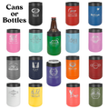 Collection of insulated tumblers in various colors with different designs and text.