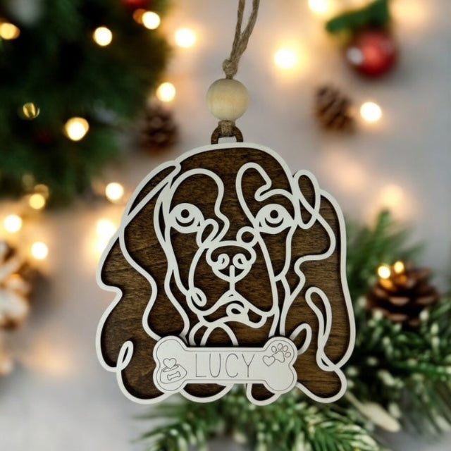 Adorable line art drawn King Charles Spaniel dog ornament with a name.