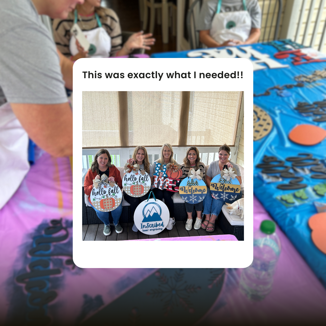 A close group of friends got together for a relaxing evening having fun and painting door signs.