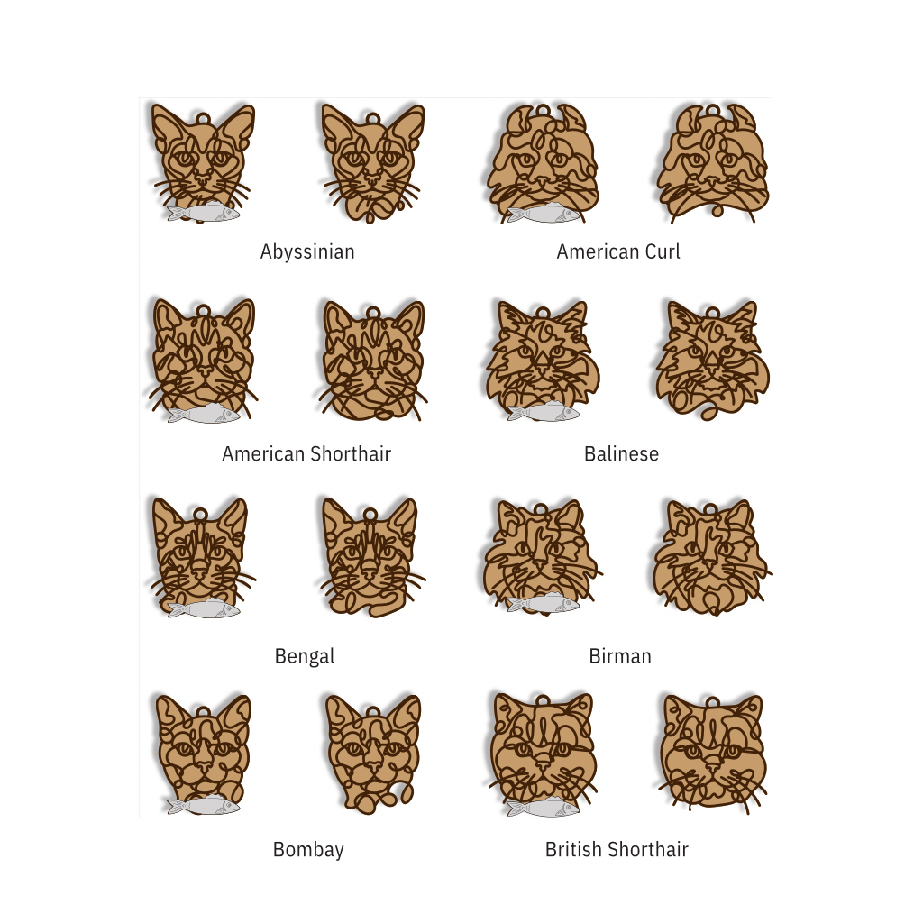 A grid of illustrated cat head designs labeled with different cat hair types, including Abyssinian, American Curl, American Shorthair, Balinese, Bengal, Birman, Bombay, and British Shorthair, on a white background.