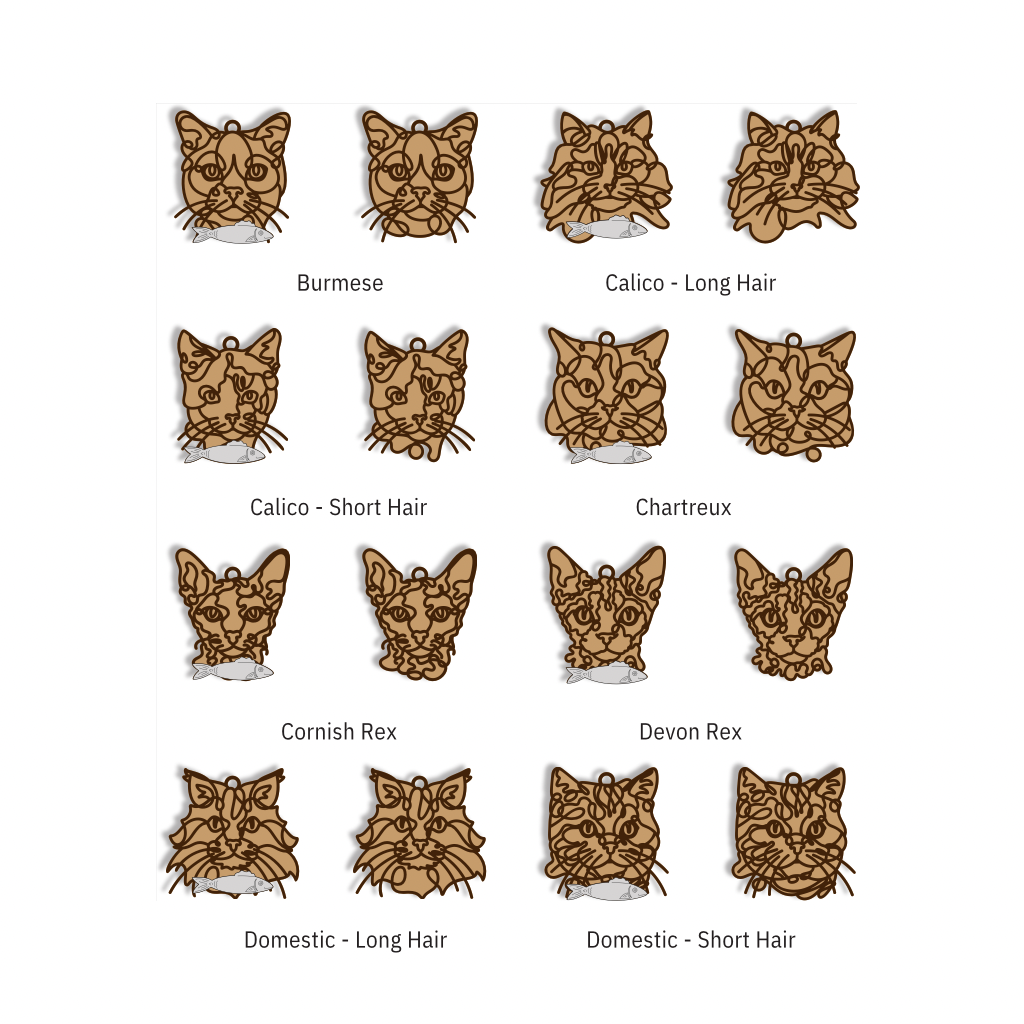 A grid of illustrated cat head designs labeled by breed, including Burmese, Calico - Long Hair, Calico - Short Hair, Chartreux, Cornish Rex, Devon Rex, and Domestic - Long Hair, Domestic - Short Hair, on a white background.