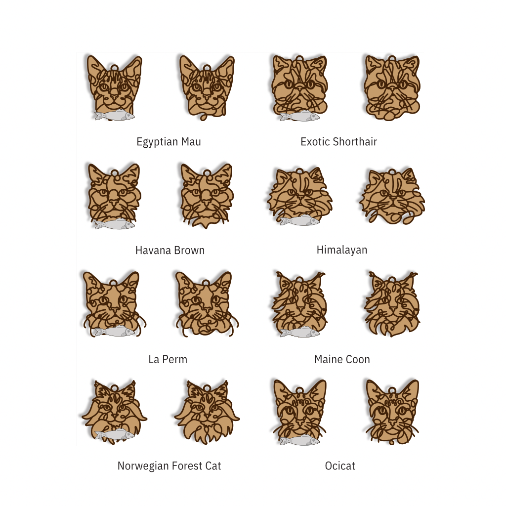 A grid of illustrated cat head designs with labels underneath, including Egyptian Mau, Exotic Shorthair, Havana Brown, Himalayan, La Perm, Maine Coon, Norwegian Forest Cat, and Ocicat, on a white background.