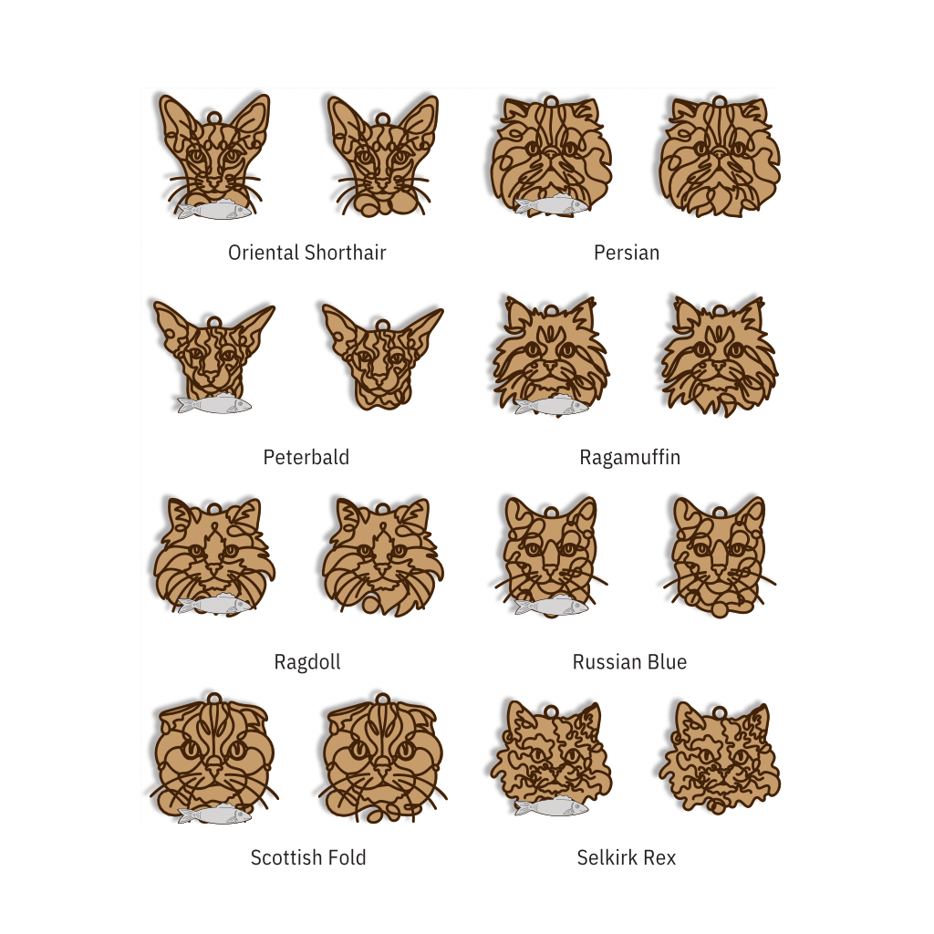A grid of illustrated cat head designs labeled with different cat hair types: Oriental Shorthair, Persian, Peterbald, Ragamuffin, Ragdoll, Russian Blue, Scottish Fold, and Selkirk Rex, on a white background.