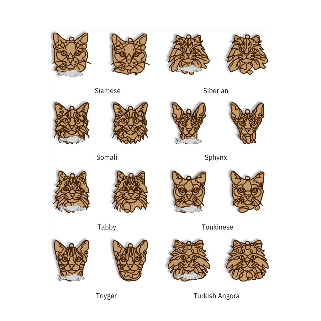 A grid of 12 cat head illustrations in brown and tan line-art style, each labeled with a cat breed name including Siamese, Siberian, Somali, Sphynx, Tabby, Tonkinese, Toyger, and Turkish Angora on a white background.