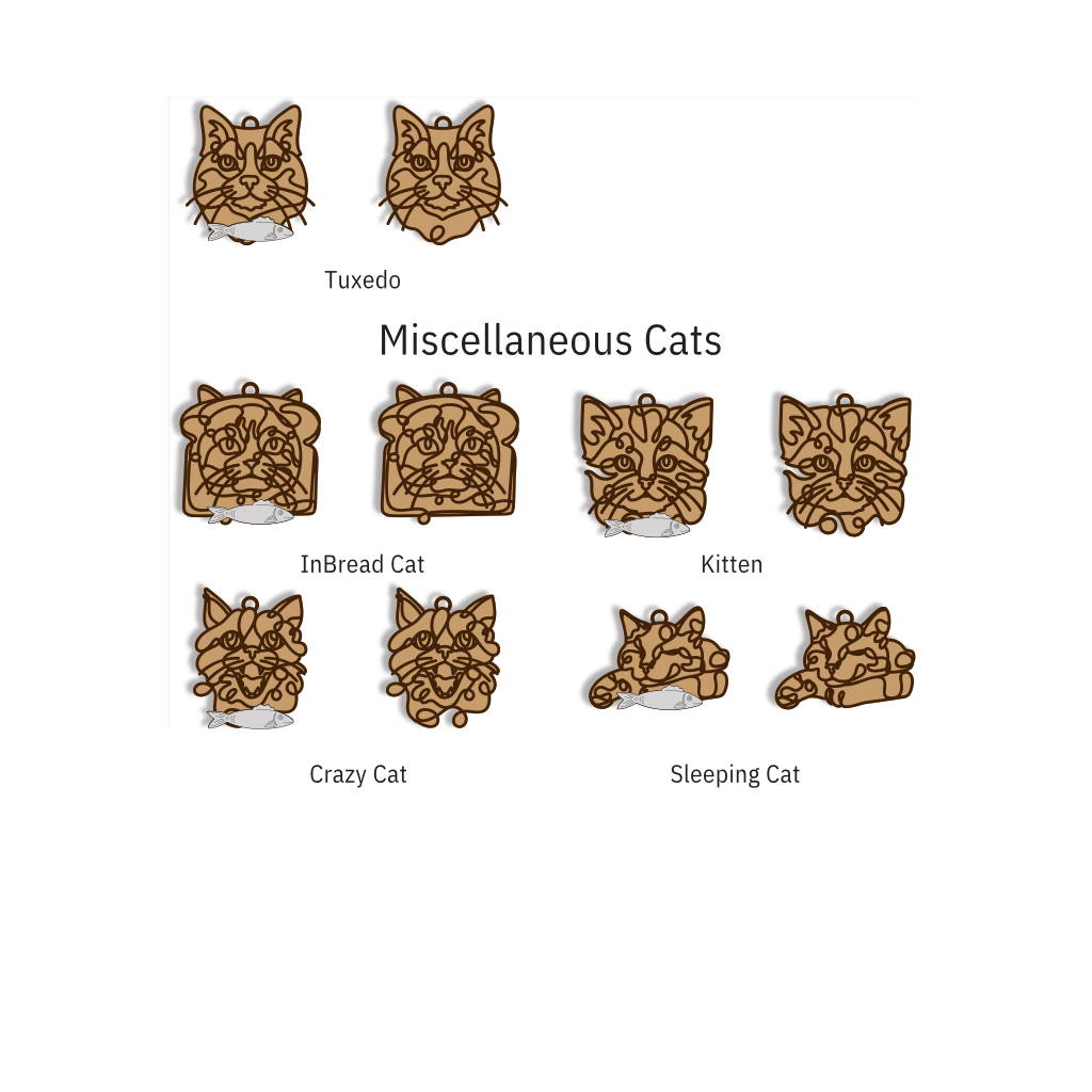 A product display sheet showing multiple small cat-shaped charms or pendants labeled Tuxedo, Miscellaneous Cats, InBread Cat, Kitten, Crazy Cat, and Sleeping Cat on a plain white background.