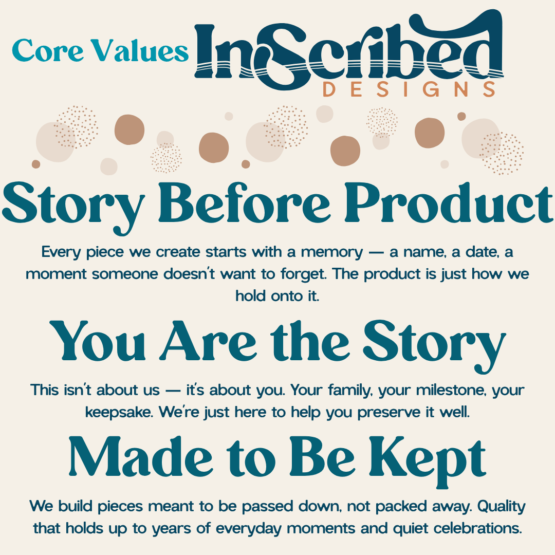 A digital graphic with the text 'Core Values InScribed DESIGNS' and several paragraphs of copy on a light beige background with teal and brown typography and dotted circle accents.