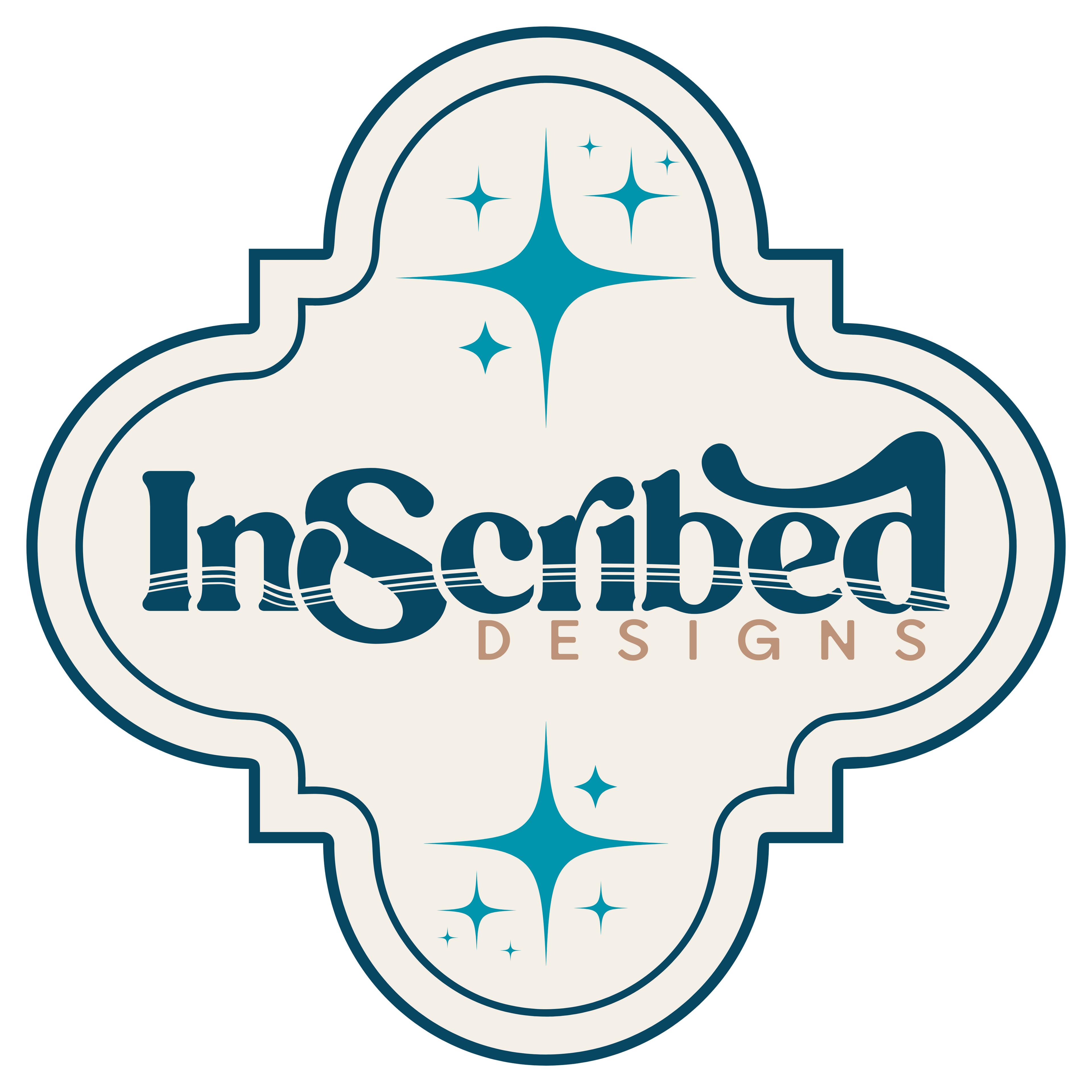 A decorative logo or emblem reading 'InScribed DESIGNS' in dark blue script inside an ornate cream quatrefoil-style frame with teal starburst accents and a thin dark blue border.