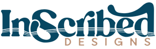 The logo for 'InScribed Designs' is displayed on a solid white background. The main word 'InScribed' is written in a stylized dark teal blue font with horizontal stripe details, and 'DESIGNS' is written underneath in a smaller, light tan serif font.