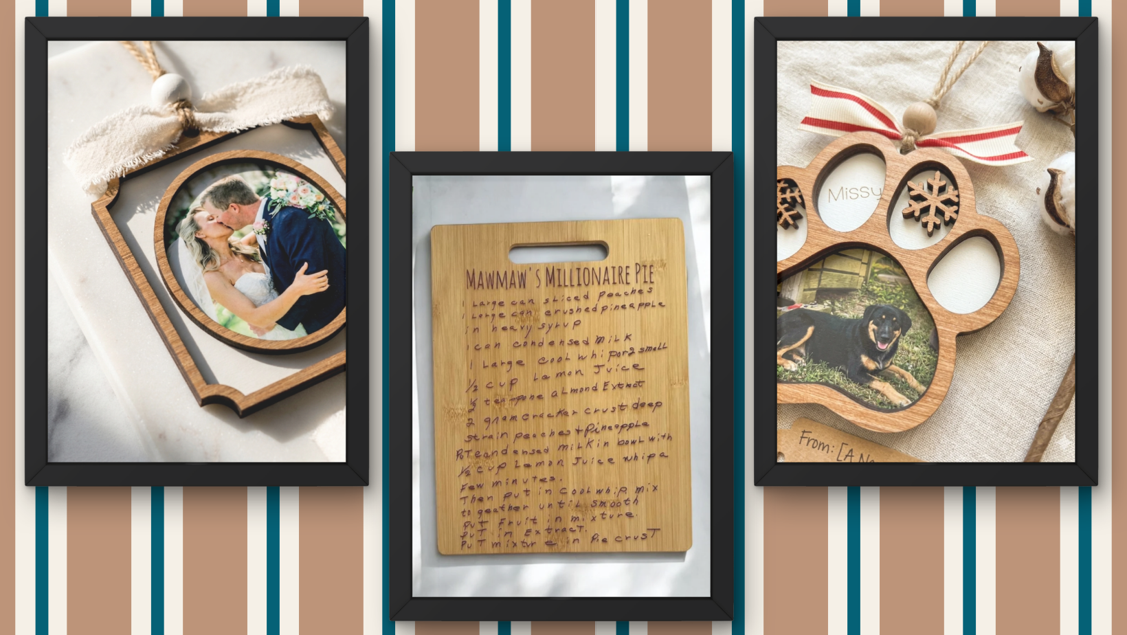 Three framed personalized wooden photo ornaments displayed side-by-side against a striped beige, brown, and teal background. The left ornament features a heart-shaped frame with a couple's photo and a bow.