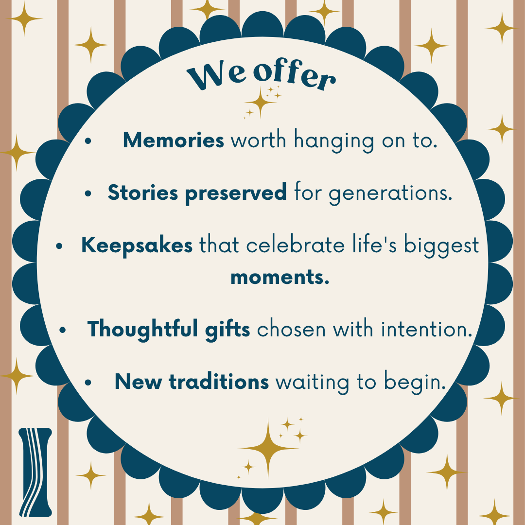 A decorative promotional graphic with a cream oval center bordered by a dark blue scalloped frame, on a beige and brown striped background with gold star accents. The text reads, 'We offer Memories worth hanging on to.