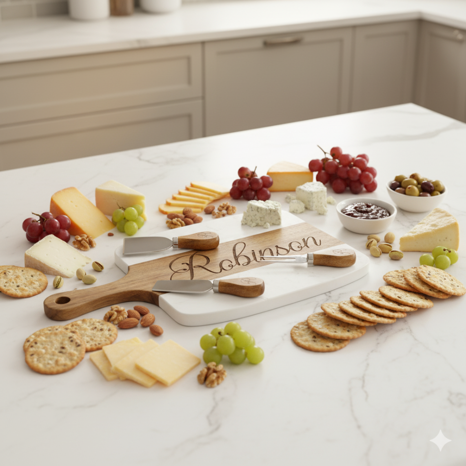 Personalized cheeseboard set with fruits, cheese, and crackers on a kitchen counter.