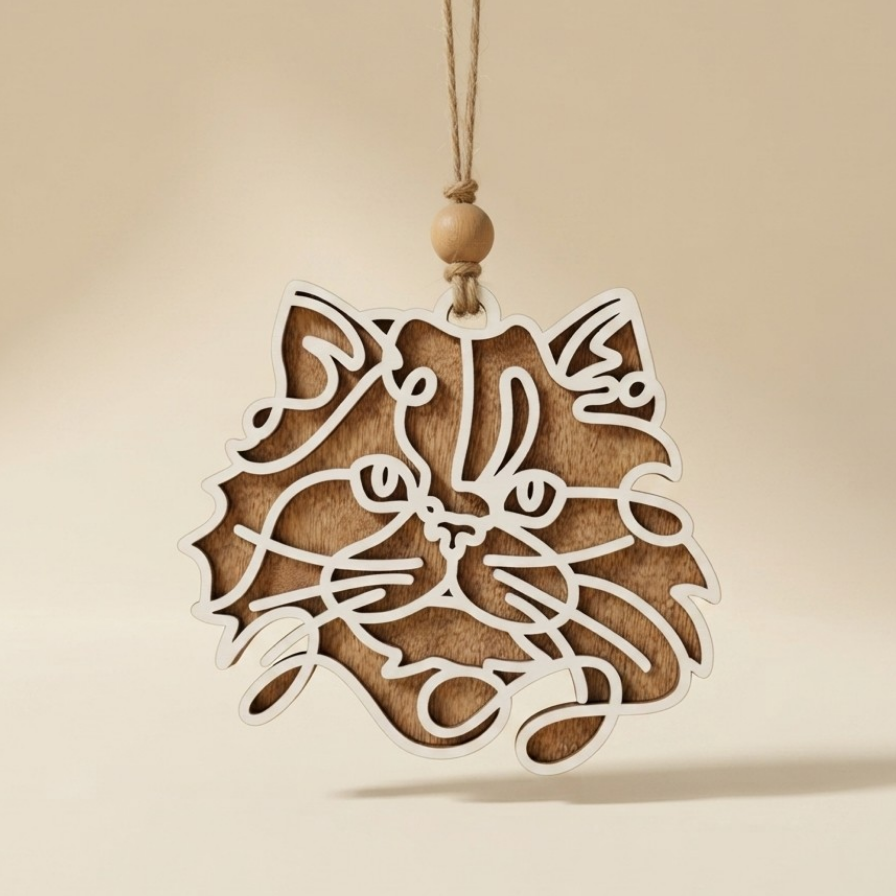 A laser-cut wooden cat-shaped ornament with a natural wood grain finish and white outer border, hanging from a light brown string with a round wooden bead against a warm beige background.