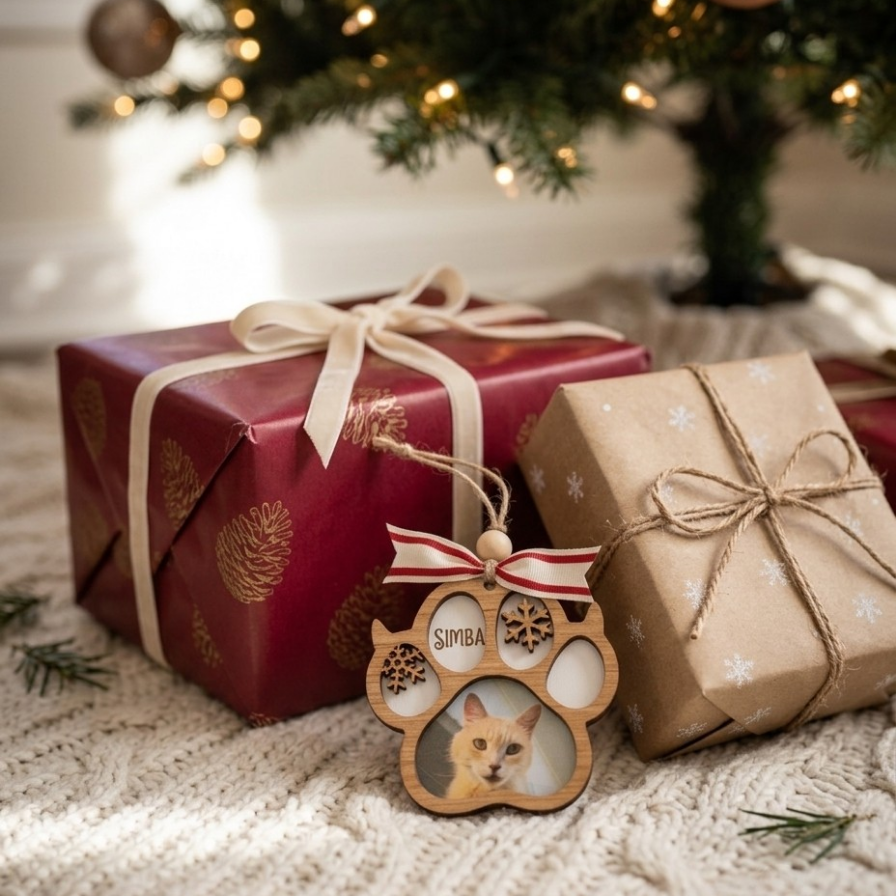 A wooden paw-shaped Christmas ornament with a photo slot displaying a cat, hanging in front of wrapped Christmas presents on a knitted rug near a decorated tree.
