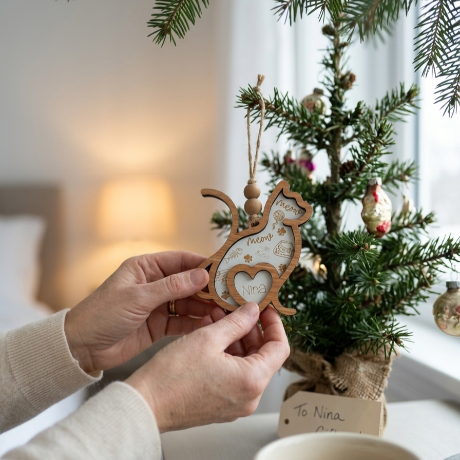 A person's hands hold a wooden cat-shaped Christmas ornament with a heart-shaped center, featuring the name 'Nina' and 'Merry Christmas' printed on it. The ornament is positioned in front of a small decorated Christmas tree with a burlap-wrapped base and a 'To Nina' gift tag.