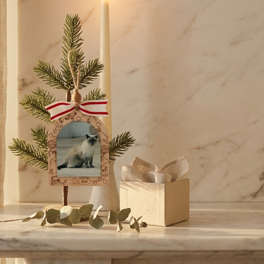A decorative wooden Christmas ornament shaped like a small tree with pine branches and a hanging photo frame featuring a cat, styled on a marble surface with a candle, gift box, and eucalyptus leaves.