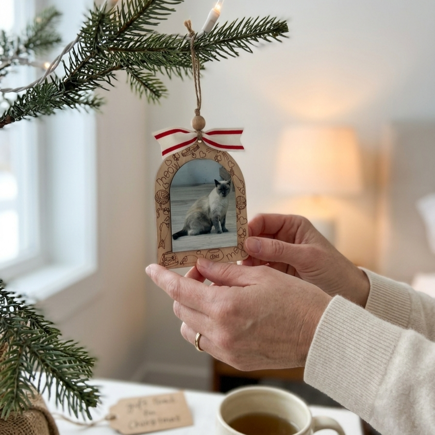 A person holds a decorative arched ornament featuring a photo of a cat, hanging from a pine branch with a red ribbon. The scene is set in a cozy indoor environment with a mug on a table in the foreground.