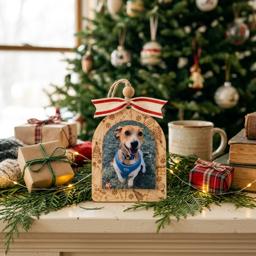A personalized Christmas ornament shaped like a small house, featuring a photo of a dog wearing a blue sweater, hanging from a red and white striped ribbon. The ornament is displayed on a decorated Christmas mantel with wrapped gifts, a mug, and a blurred Christmas tree in the background.
