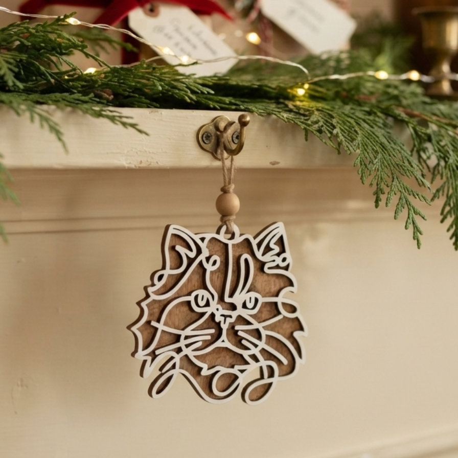 A laser-cut wooden cat-shaped Christmas ornament hanging from a metal hook on a mantel decorated with evergreen branches and warm string lights.