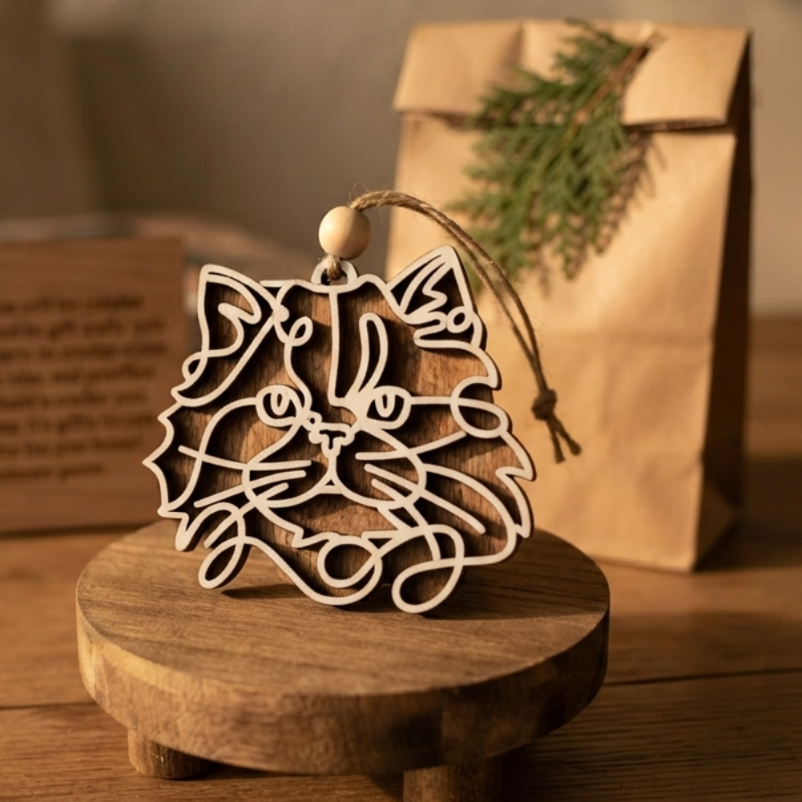 A laser-cut wooden cat-shaped ornament with a hanging string and round wooden bead, displayed on a small round wooden stand. A brown paper gift bag with a green pine sprig is blurred in the background on a wooden surface.