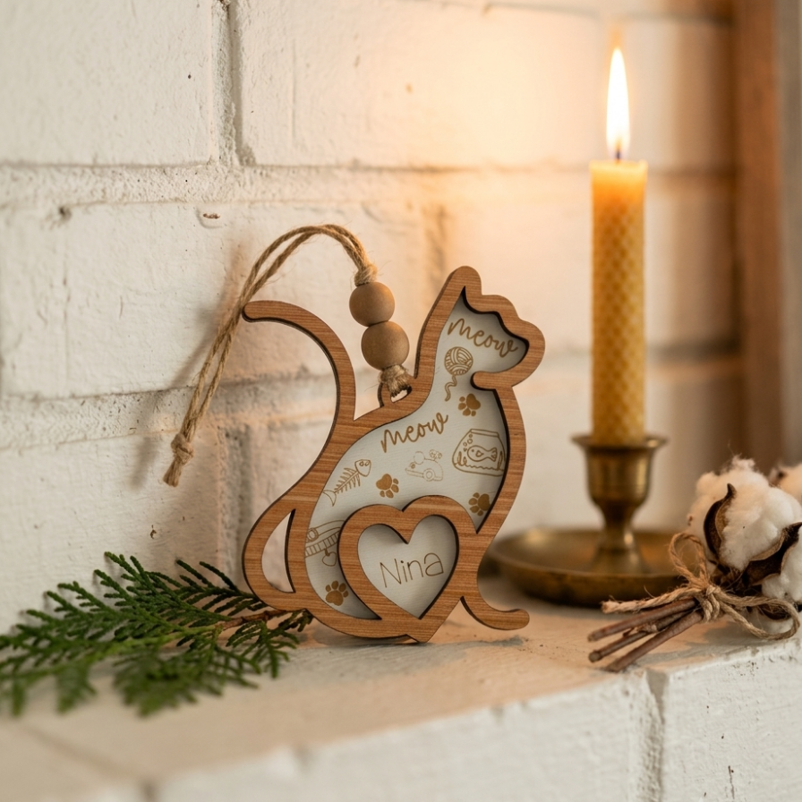 A wooden cat-shaped Christmas ornament with cutout windows reading 'Merry' and 'Nina', hanging on a white brick mantel beside a lit candle, evergreen sprigs, and cotton bolls.