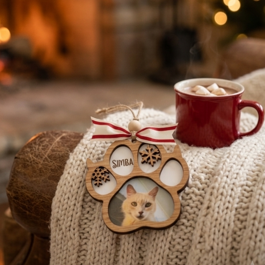 A wooden paw-shaped hanging ornament with a photo slot and engraved name 'SIMBA' sits on a cream knit blanket beside a red mug of hot cocoa with marshmallows, with a warm fireplace blurred in the background.