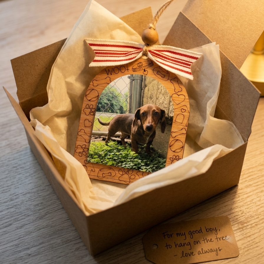 A custom wooden pet memorial ornament displayed inside a brown kraft gift box with tissue paper. The ornament features a photo of a dachshund, a hand-carved wooden frame with heart and bone motifs, a red and white striped ribbon bow, and a small hanging tag that reads 'For my good boy, to hang on the tree - Love always'.