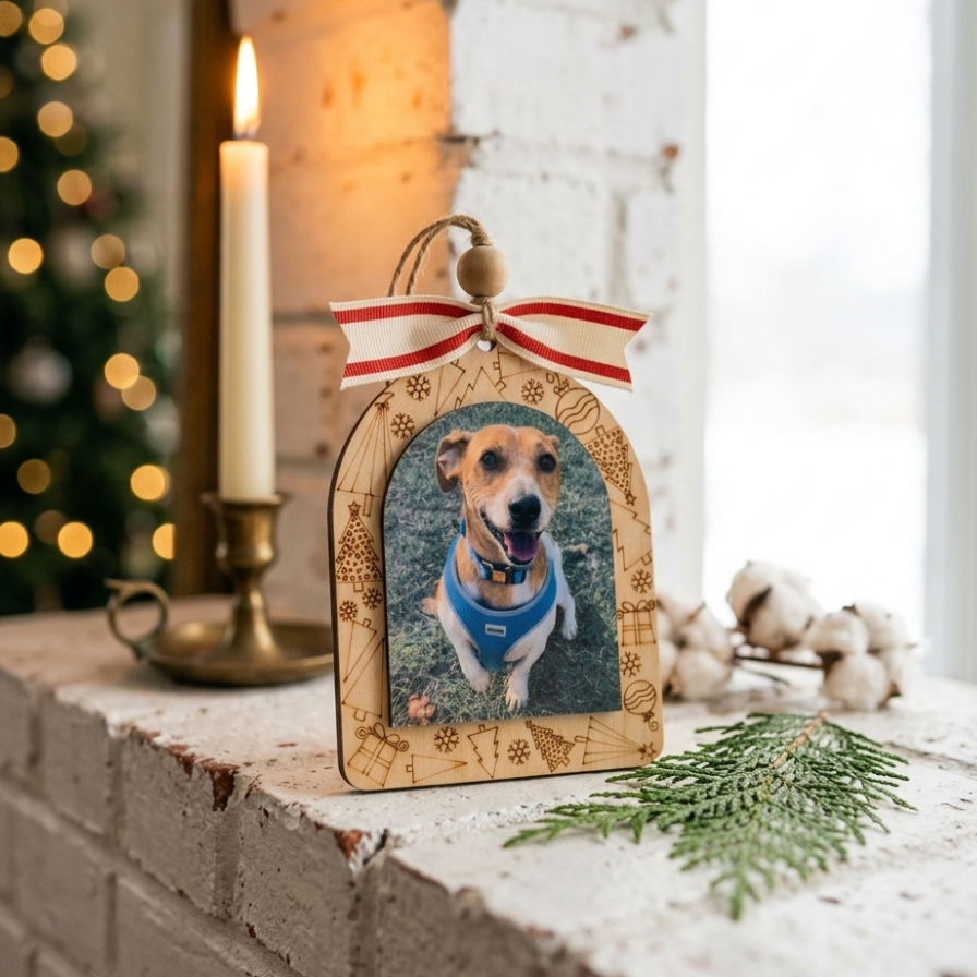 A wooden arched dog portrait ornament with a red and white striped ribbon, displayed on a snowy brick ledge next to a lit candle, a Christmas tree, and greenery.