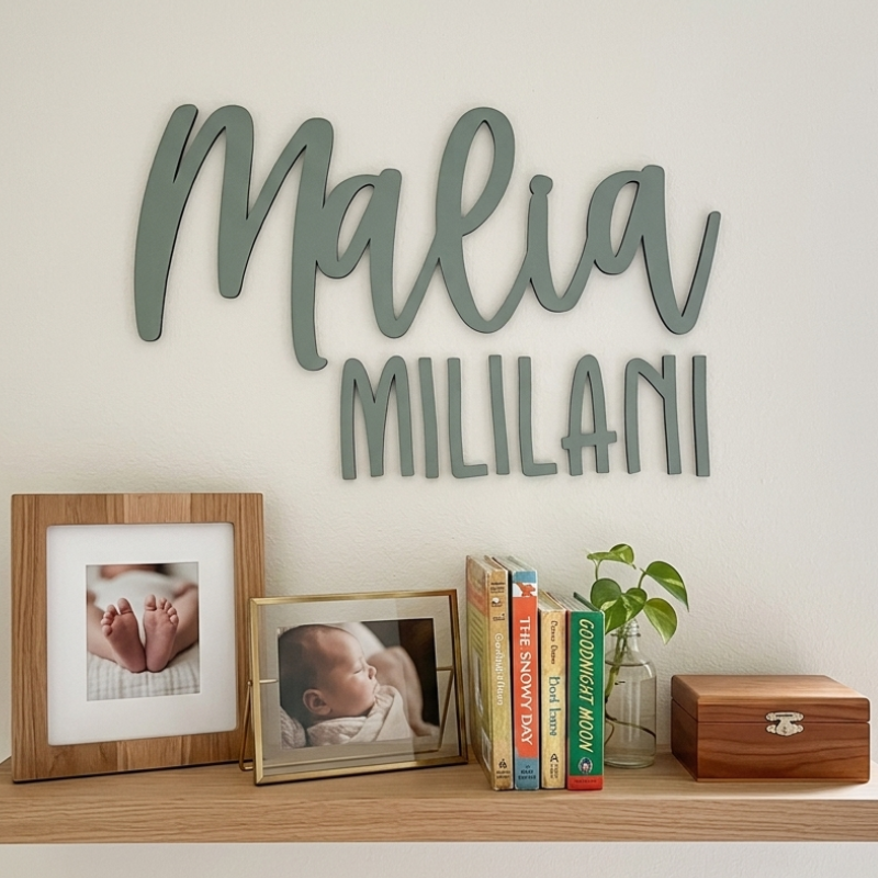 Personalized wooden wall decor featuring the name 'Malia' in a large cursive font and 'MILILANI' below in block letters, mounted on a light beige wall above a wooden shelf with framed photos, books, a small plant, and a wooden box.