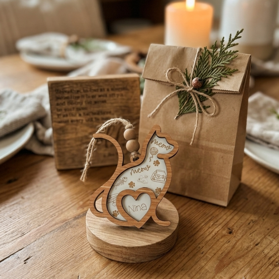 A wooden cat-shaped favor tag with a heart center and the words 'Mom' and 'Nina' hangs from a wooden stand on a rustic table. A brown paper gift bag tied with twine and greenery sits behind it, with a blurred candle and dining setting in the background.