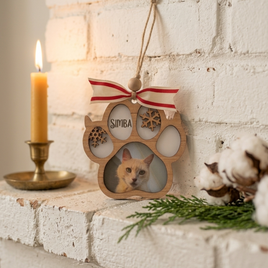 A wooden paw-shaped hanging ornament with a photo slot and red-and-white ribbon, displayed on a white brick ledge beside a lit candle, cotton bolls, and greenery. The ornament is personalized with the name 'SIMBA'.