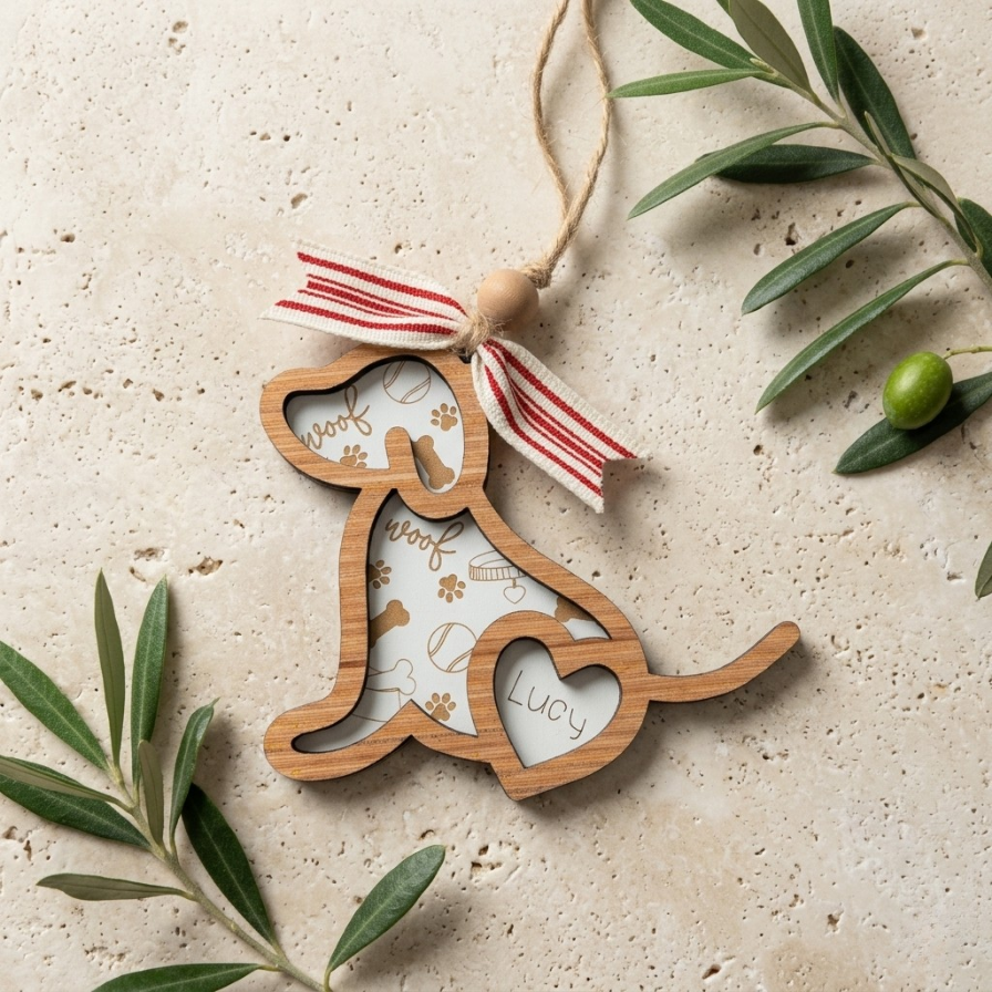 A wooden dog-shaped hanging ornament with a red and white striped ribbon, shown on a light stone surface with olive branches around it. The ornament has laser-engraved details including the words 'dog', paw prints, baseballs, and the name 'Lucy'.