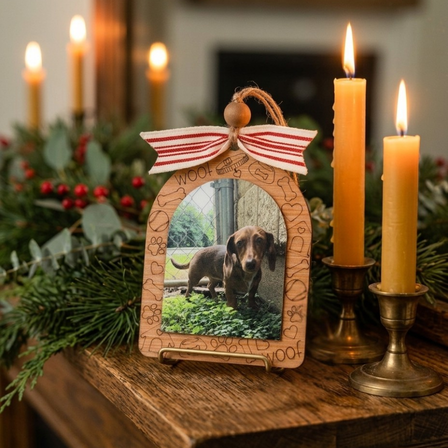 A wooden arched ornament with engraved heart patterns, a red-and-white striped ribbon bow, and a photo of a dachshund, displayed on a wooden table with lit candles and evergreen garland in the background.