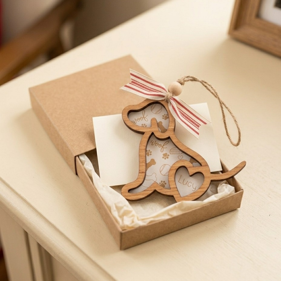 A wooden dog-shaped hanging ornament with heart-shaped cutouts, tied with a red-and-white striped ribbon, displayed in an open kraft gift box on a light cream table.