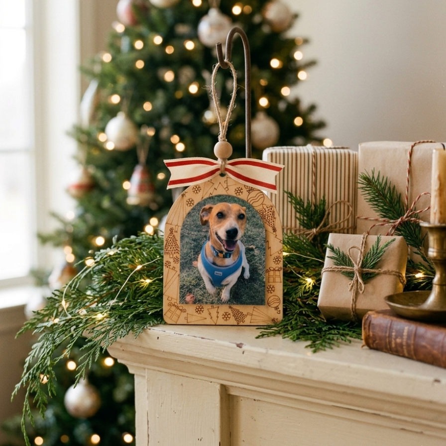 A personalized wooden Christmas ornament featuring a photo of a dog, hanging on a mantel in front of a decorated Christmas tree and wrapped gifts.