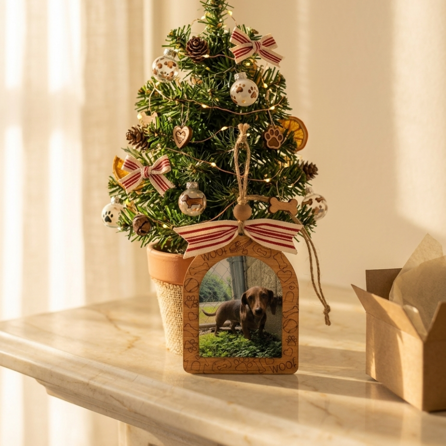 A small decorative Christmas tree in a terracotta pot with ornaments, pinecones, ribbons, and warm string lights sits on a light stone surface. In front of the tree is a wooden arched plaque featuring a photo of a dachshund.