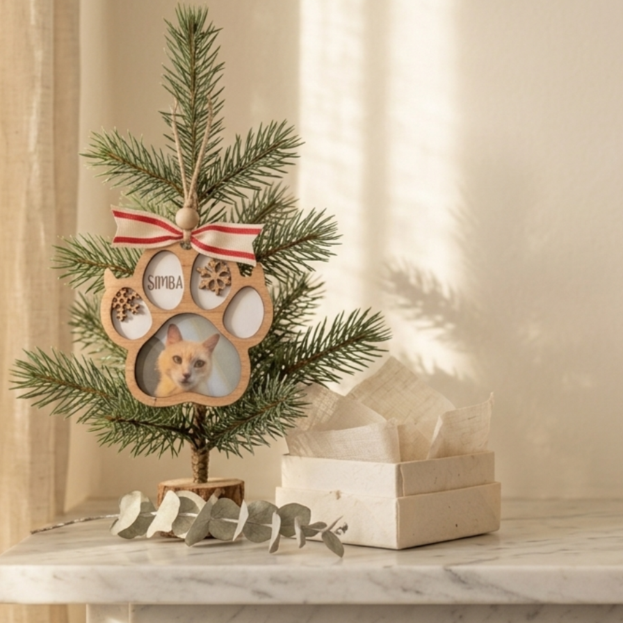 A personalized wooden cat paw Christmas ornament with a photo of a cat, hanging on a miniature evergreen tree. The ornament features circular cutouts with the names 'SOMBA' and 'CAT', a red and white striped ribbon bow, and a small wooden base.