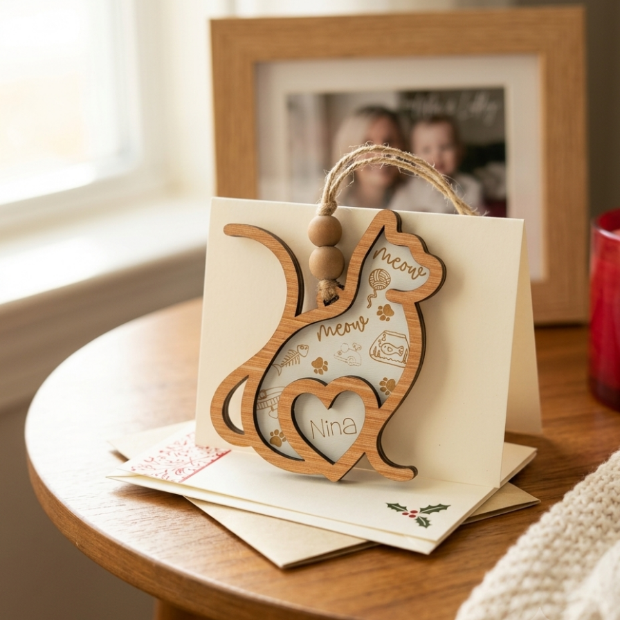 A wooden cat-shaped ornament with a heart cutout and personalized name 'Nina' and 'meow' text, hanging from a string on a cream greeting card on a wooden table.