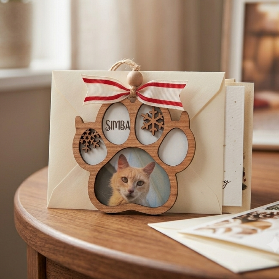 A wooden paw-shaped photo ornament hanging from a red-and-white ribbon on a cream envelope, displayed on a wooden table with a cat photo visible in the center cutout.
