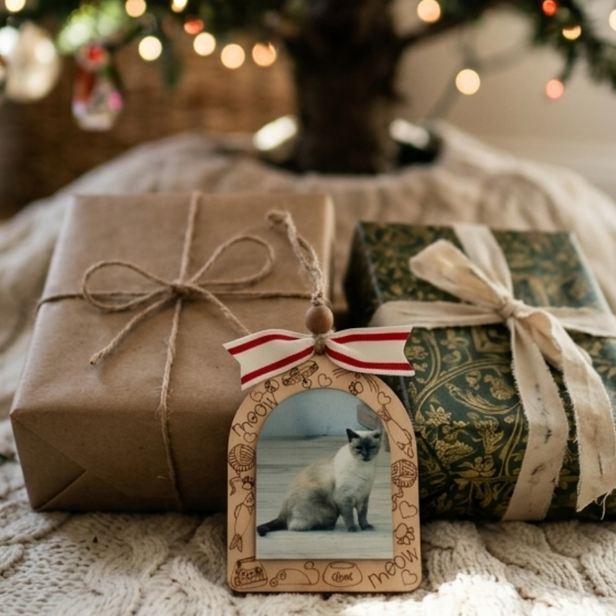 A wooden Christmas ornament shaped like a cat photo frame hangs in front of two wrapped gift boxes on a knitted blanket, with a softly blurred Christmas tree in the background.