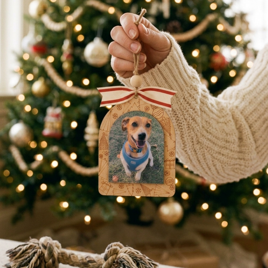 A hand in a cream knit sweater holds a wooden Christmas ornament shaped like a dog photo frame, featuring a custom pet portrait with a red and white striped ribbon. A blurred Christmas tree with warm lights is in the background.