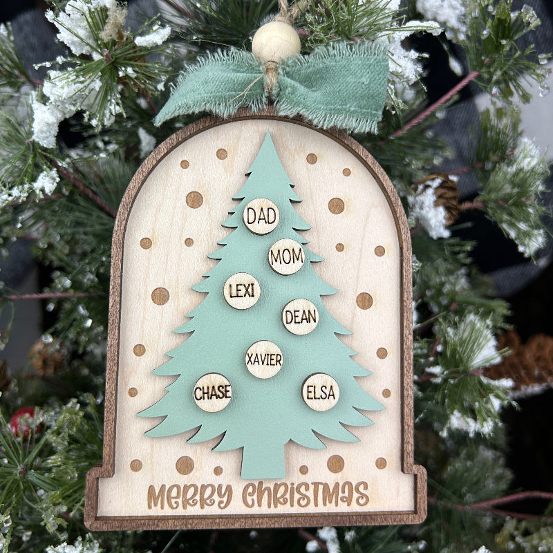 Beautiful green Christmas tree with family names