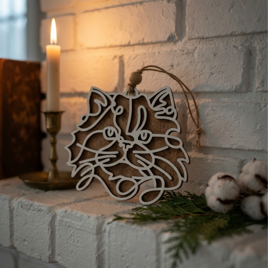 A wooden cat-shaped holiday ornament with intricate cutout details, hanging on a white brick fireplace mantel next to a lit candle and cotton bolls.