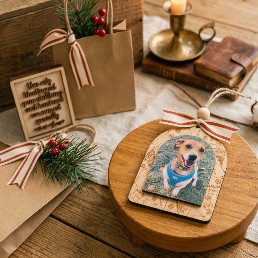 A styled holiday gift scene on a wooden table featuring a round wooden ornament holder with a printed pet portrait tag hanging from a red-and-white striped ribbon. Surrounding props include a kraft paper bag, a small sign with cursive text, pine branches with red berries, and books.