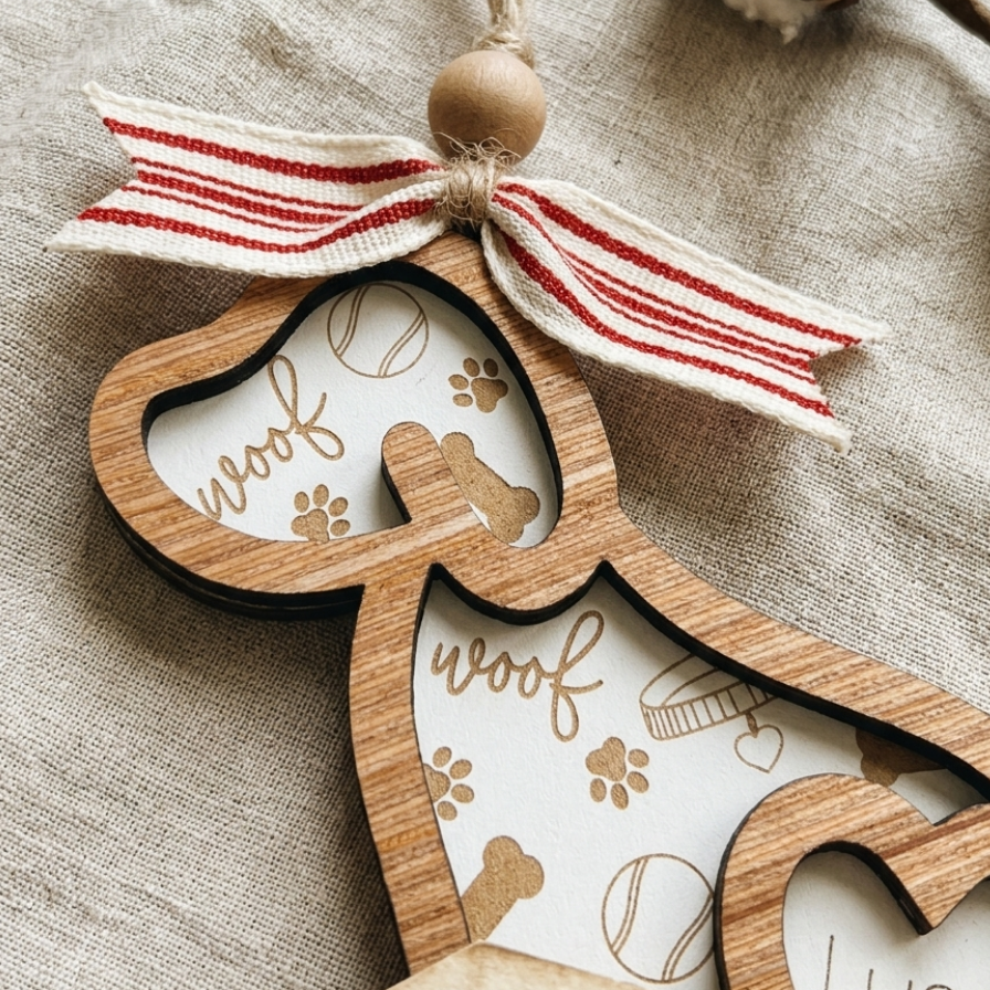 A wooden dog-shaped hanging ornament with a red and white striped ribbon bow at the top, photographed on a textured beige fabric background.