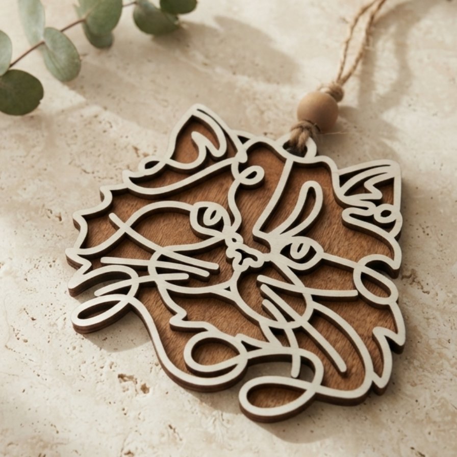 A laser-cut wooden cat-shaped ornament with a natural wood grain finish and a hanging loop, displayed on a textured beige surface with eucalyptus leaves.
