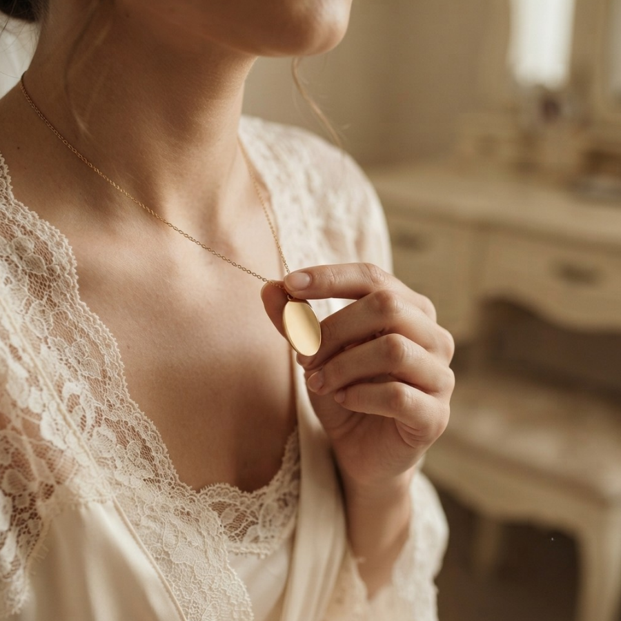 A close-up lifestyle shot of a woman wearing a delicate gold chain necklace with a flat, oval gold pendant, styled with a cream lace-trimmed robe in a warm, softly lit room.