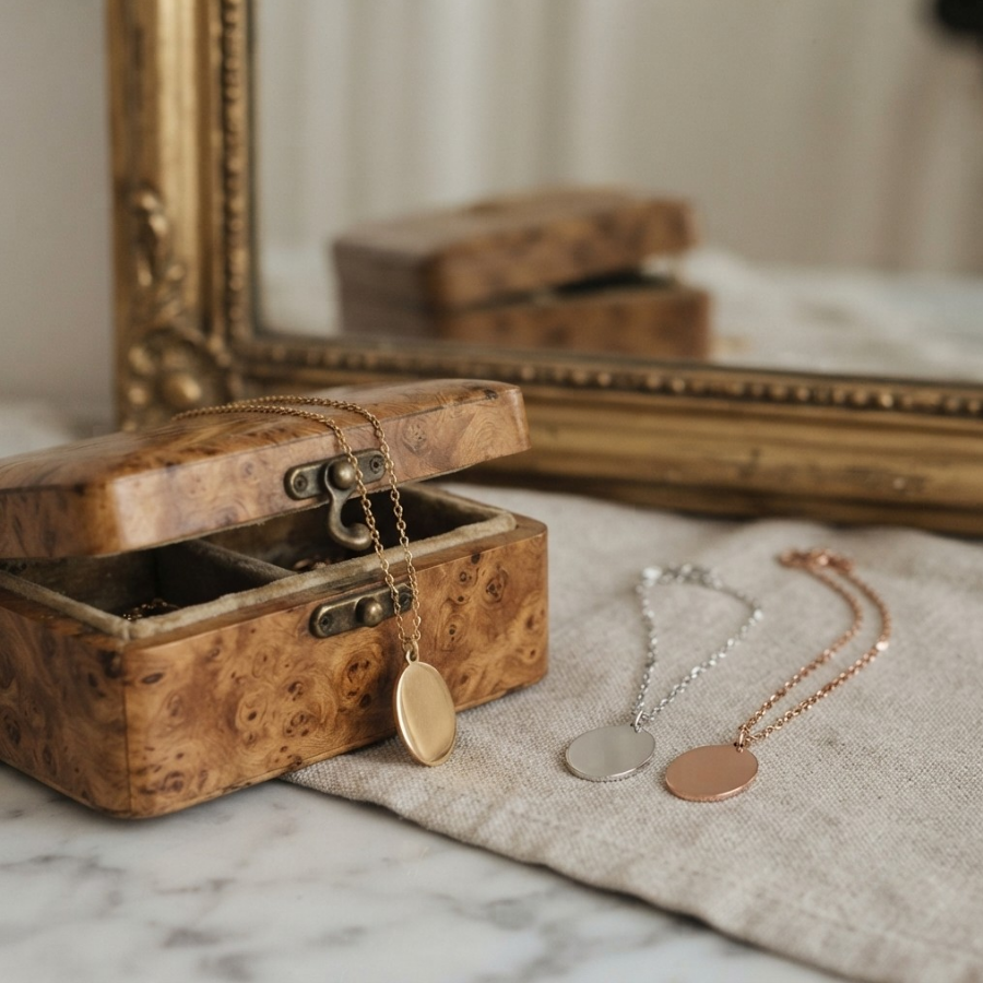 Three minimalist oval pendant necklaces in gold, silver, and rose gold, displayed on a linen cloth next to an ornate wooden jewelry box and a gold mirror.